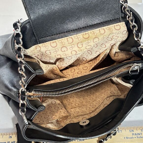 GUESS Black Double Handle Satchel Chain Straps Shoulder bag 3 Compartment Purse - Picture 4 of 11